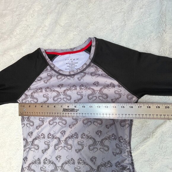 Singh Womens Rash Guard Swimwear Top Small Black Ruched Dragon Floral Stretch - Picture 5 of 7